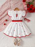 Adorable Girls Strawberry Pattern Sleeveless Doll Collar Ruffle Hem Dress with Belt - Casual Summer Outfit for Machine Washable Woven Fabric - Easy Care and Regular Fit