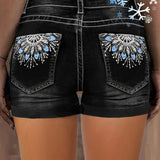 Women's High Waist Stretchy Denim Shorts, Blue Slim Fit with Rolled Cuff and Embroidery, Summer Vintage Style Jean Shorts