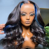 13X4 Lace Front Blue Highlight Black Wigs Transparent Lace Frontal Wig Brazilian Simulation Human Hair Body Wave Wig For Women