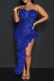 namcoverse Sequined Sparkly Feather Trim High Split Maxi Dress