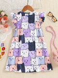 Adorable Cartoon Cat Sleeveless Tunic Dress for Girls - Soft Polyester Knit Fabric, Geometric Pattern, Regular Fit, Slight Stretch, Perfect for Summer Holidays