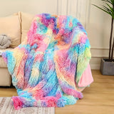 1CP Vibrant Rainbow Faux Fur Throw Blanket - Ultra-Soft Coral Fleece, Thick & Warm Winter Sofa Cover, Cozy Single Office Nap Blanket - Contemporary Home Decor Accent, Perfect for Living Room, Bedroom, or Office