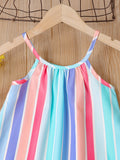 Vibrant Girls Rainbow Striped Sleeveless Ruffle Hem Halter Short Dress - Perfect Party Beach Wear for Summer - Fun, Flirty, and Feminine Design