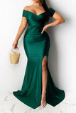 namcoverse Solid Color Off Shoulder Luxe Split Fishtail Maxi Dress