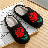 Slippers Womens Slippers Home Rose Embroidery Fuzzy Romantic Love Gifts for Girlfriends Winter Indoor Anti Slip Comfortable Houseshoes Y240824KVTZ