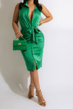 namcoverse Solid Color Elegant Single Breasted Midi Dress (With Belt)