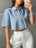 Women's Plain Cropped Drop Shoulder Denim Shirt, Elegant Style With Chest Pocket, Casual Chic Summer Wear