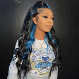 13X4 Lace Front Blue Highlight Black Wigs Transparent Lace Frontal Wig Brazilian Simulation Human Hair Body Wave Wig For Women