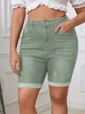 Plus Size Womens High Stretch Solid Green Bermuda Denim Shorts - Roll Up Hem, Slash Pockets, Comfortable and Breathable for Spring/Summer - Casual Wear for Outdoor Activities