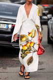 namcoverse Lemon Print Plunging Unique Cape Sleeve Midi Dress
