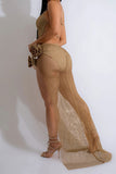 namcoverse Solid Color See-Through Cool Rhinestone Decor High Split Skirt Suit