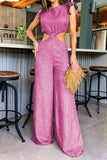 namcoverse Solid Color Ruffle Glamorous Cutout Waist Jumpsuit