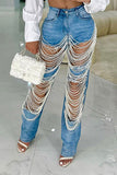 namcoverse Ripped Multi-layer Beaded Decor Striking Washed Jeans