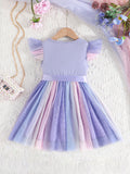 Girls Dreamy Cartoon Unicorn Print Flutter Trim Gradient Tutu Dress - Soft Slight Stretch Polyester Material, Belted Mesh Design, Regular Fit, Cute Style, Perfect for Summer Party Gift