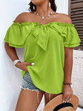 Plus Size Off Shoulder Blouse - Delicate Ruffle Trim Accent, Exquisite Elegant Bow Front Design, Comfortable Short Sleeve Style - Perfect for Spring and Summer Seasons, Womens Fashion Clothing for a Stylish Look