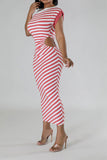 namcoverse Striped Patchwork Boat Neck Classic Cutout Midi Dress