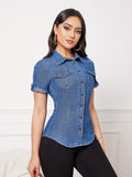 Women's Casual Denim Shirt, Short Sleeve Button-Down Jean Top With Chest Pockets, Slim Fit Fashion Top For Ladies