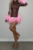 namcoverse Rhinestone Hot Feather Trim See-Through Mini Dress