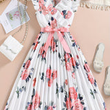 Chic Summer Floral Fit & Flare Girls' Dress with Belt – Easy-Care Polyester, Perfect for Playdates & Outings