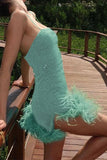 namcoverse Solid Color Shimmery Feather Hem Mini Dress