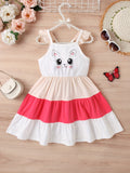 Adorable Cartoon Kitty Girls Summer Dress - Cute Ruffles, Contrast Stitching & Easy-Care Knit Fabric