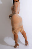 namcoverse Rhinestone Pretty See-Through Feather Hem Mini Dress