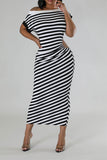 namcoverse Striped Patchwork Boat Neck Classic Cutout Midi Dress