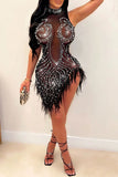 namcoverse Rhinestone Party See-Through Irregular Feather Hem Mini Dress