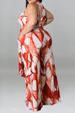 namcoverse Leaf Print Elegant Belted Wide Leg Jumpsuit