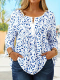 Plus Size V Neck Henley Blouse - Soft Medium Stretch Polyester, Leaf Print, Casual Half Sleeve Shirt for Spring/Fall - Easy Wear, Random Printing, Knit Fabric