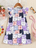 Adorable Cartoon Cat Sleeveless Tunic Dress for Girls - Soft Polyester Knit Fabric, Geometric Pattern, Regular Fit, Slight Stretch, Perfect for Summer Holidays