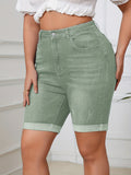 Plus Size Womens High Stretch Solid Green Bermuda Denim Shorts - Roll Up Hem, Slash Pockets, Comfortable and Breathable for Spring/Summer - Casual Wear for Outdoor Activities