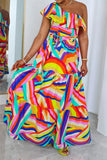 namcoverse Rainbow Striped Sweet Lace-Up Tiered Ruffle Maxi Dress