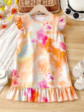 Girls' Summer Elegance: Flutter Sleeve Solid Color Dress - Ruffle Hem, Perfect for Holiday & Party Celebrations