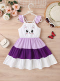 Adorable Cartoon Kitty Girls Summer Dress - Cute Ruffles, Contrast Stitching & Easy-Care Knit Fabric