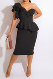 namcoverse Solid Color One Shoulder Tiered Ruffle Striking Twisted Peplum Midi Dress