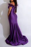 namcoverse Solid Color Feather Trim Festive High Split Maxi Dress