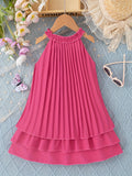 Charming Girls Sleeveless Pleated Halter Dress with Bow Accent - Lightweight Summer Swing Midi for Stylish Outings