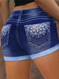 Women's High Waist Stretchy Denim Shorts, Blue Slim Fit with Rolled Cuff and Embroidery, Summer Vintage Style Jean Shorts