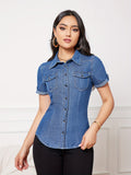 Women's Casual Denim Shirt, Short Sleeve Button-Down Jean Top With Chest Pockets, Slim Fit Fashion Top For Ladies