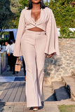 namcoverse Solid Color Pleated Trumpet Sleeve Modern Side Slit Pant Suit