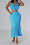 namcoverse Solid Color Crochet Cutout Beachy Fishtail Skirt Suit