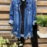 Women's Edgy Distressed Denim Jacket with Ripped Holes and Flap Pockets - Raw Hem Long Sleeves - Trendy Outerwear for Casual Wear