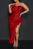 namcoverse Sequined Sparkly Feather Trim High Split Maxi Dress