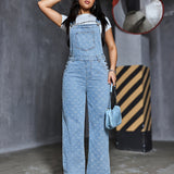 Women's Fashion Denim Overalls With Heart & Argyle Pattern, Comfortable Preppy Style, Versatile Washed Jean Jumpsuit With Pockets for autumn