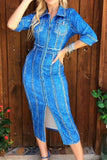 namcoverse Imitation Denim Print On-trend Pocket Button Midi Dress