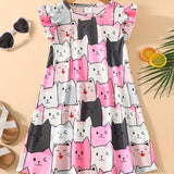 Adorable Cartoon Cat Sleeveless Tunic Dress for Girls - Soft Polyester Knit Fabric, Geometric Pattern, Regular Fit, Slight Stretch, Perfect for Summer Holidays