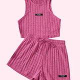 Spring/Summer Essentials: Women's Casual Ribbed Knit Tank Top & Shorts Set | Comfortable, Versatile & Easy Care