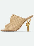 Women's New Summer Woven Metal Slim High Heels For External Wearing Of Slippers, Fashionable Square Fashion Open Toe Sandals