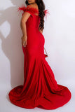 namcoverse Solid Color Feather Trim Festive High Split Maxi Dress